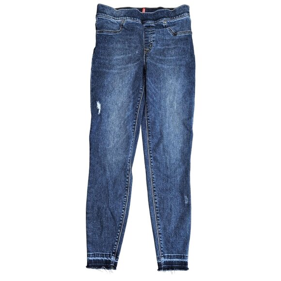 Spanx Jeans Womens Medium Blue Skinny Jeggings Pull On Distressed Raw Hem - Picture 1 of 12